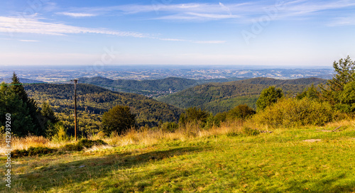 Panoramic view of eastern Beskidy mountains from Gron Jana Pawla II - John Paul II peak in Little Beskids mountains near Andrychow in Lesser Poland