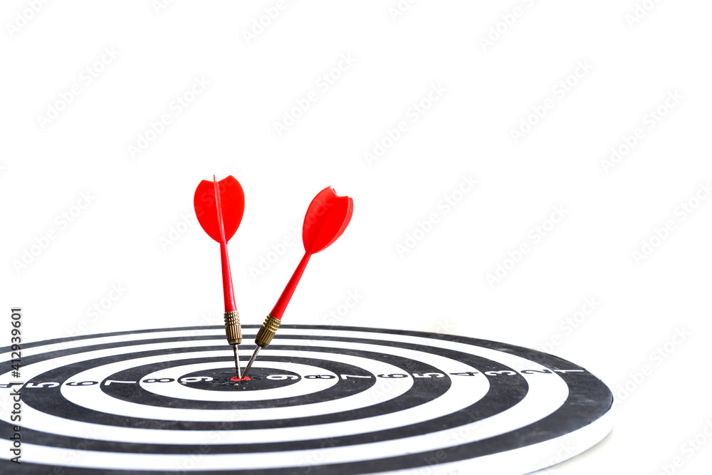 Target hit in the center by arrows. Success goals Targeting the business concept. Target and goal as concept. isolated on white background. Target hit in the center by arrows. Success goals Targeting the business concept. Target and goal as concept. isolated on white background.