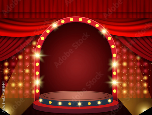 Background with red theatre curtain, retro arch banner and podium
