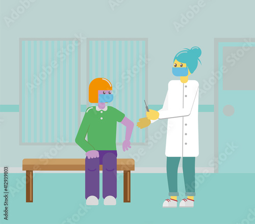 A Doctor injecting a dose of covid-19 vaccine into a person with a face mask.