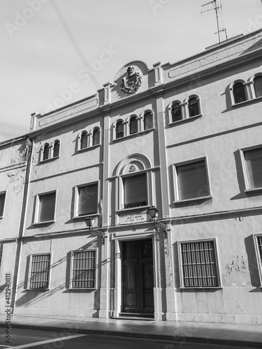 Castellón de la Plana, Valencian Community, Spain (Costa del Azahar). Sisters of the Destitute (Hermanas de los Ancianos Desamparados) building. Monochrome photography. photo