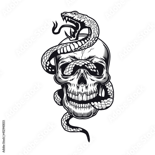 Skull with snake tattoo design. Monochrome element with dead skeleton head vector illustration. Wild animal gothic concept for symbols and labels templates