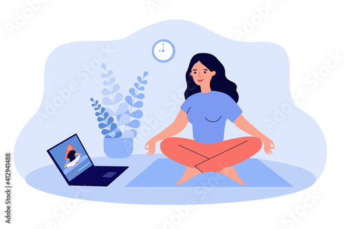 Woman watching online video yoga class on laptop and doing exercises at home, sitting in lotus pose on mat. Vector illustration for body training activity, education, meditation concept