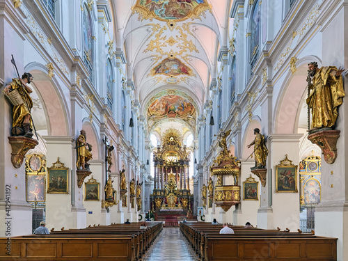 Interior of St. Peter's Church (Alter Peter) in Munich, Germany. This is the oldest church in the city. The present Late Baroque interior was created in the 18th century.