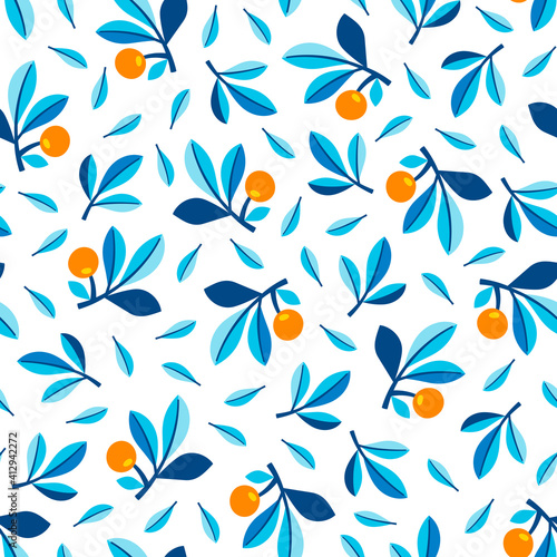 Orange branches and leaves isolated on white background seamless vector pattern.