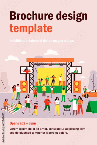 Outdoor rock concert and food festival. Crowd of people listening to music in park, enjoying camping, picnic and barbecue. Vector illustration for open air party, leisure, event concept