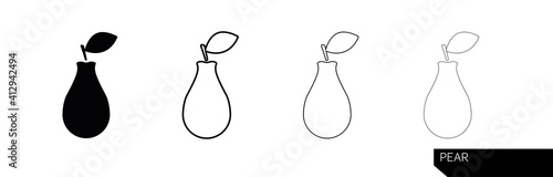 Pear icon. Pear silhouette vector icon illustration in black color isolated on white background. Pear icon in different thicknesses. Modern line art design.