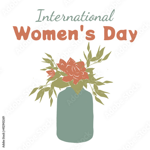 International Women's Day portcard with blue vase of flowers and branches photo