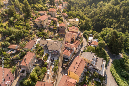 Aerial view of ancient village Colonnata situated in the Apuan Alps, province of Massa-Carrara, Tuscany, Italy