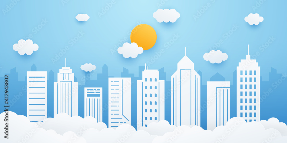 City landscape with building, clouds and sun on blue sky background. Cityscape in paper cut style. Vector illustration. 