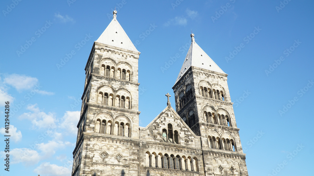 Lund city architecture with the lund cathedral in Sweden.