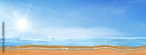 Blue sky with Sun rays shining on the sea,Vector Horizon natural of Blue ocean, Sky and fluffy clouds with bright in morning.Landscape banner holiday for spring and summer seasonal