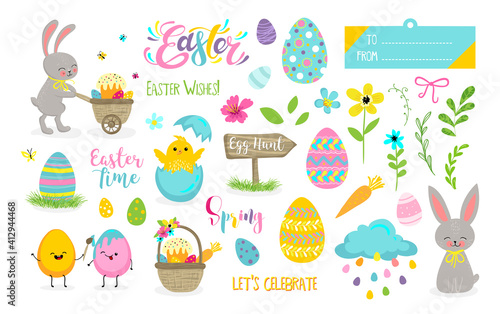 Set of cute Easter cartoon characters and scrapbooking elements. Easter bunny, chickens, flowers, lettering, kawaii eggs.