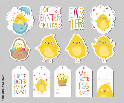 Set of Easter gift tags, scrapbooking elements, labels, badges with cute chicken and lettering . Easter greeting stickers with bunny, flowers, eggs.