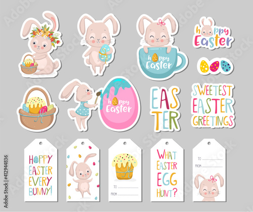 Set of Easter gift tags, scrapbooking elements, labels, badges with cute bunnies and lettering . Easter greeting stickers with bunny, flowers, eggs.