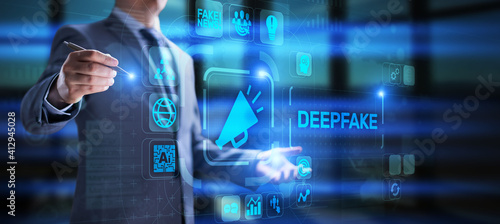 Deepfake deep learning fake news generator modern internet technology concept.