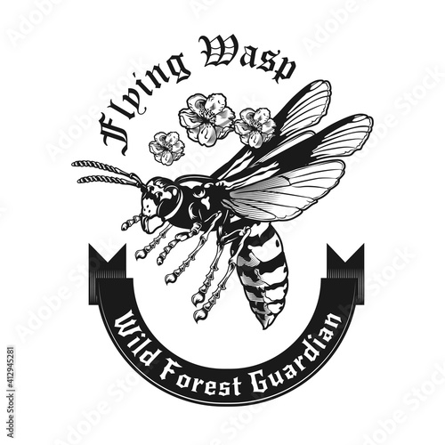 Monochrome emblem with wild wasp looking for prey vector illustration. Retro tattoo with flying wasp. Dangerous insects and fauna concept can be used for retro template, banner or poster