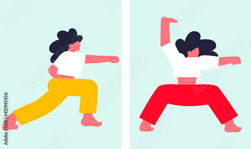 Wushu woman poster. Scandinavian flat vecor Asian woman. Taiji pose. Karate position. Cartoon trendy style of people set. Sport woman set banners