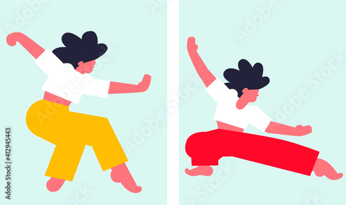 Wushu woman banner set. Scandinavian flat vecor Asian woman. Taiji pose. Karate. Cartoon trendy style of people set. Sport woman set banners