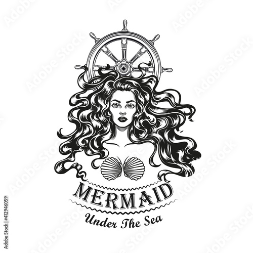 Mermaid and sailing rudder tattoo design. Monochrome element with girl in seashell bra vector illustration with text. Sea or sailing concept for symbols and labels templates