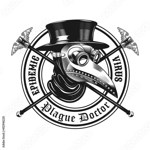Plague doctor stamp design. Monochrome element with mask, top hat in circle vector illustration with text. Medieval or epidemic concept for symbols and labels templates