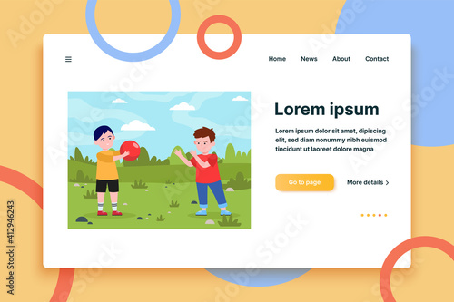 Little boys playing with ball together. Game, meadow, kid flat vector illustration. Weekend and childhood concept for banner, website design or landing web page