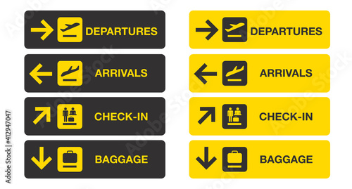 Airport sign isolated on white background. Airport board airline sign, departures, arrivals, check in, baggage information. Vector stock