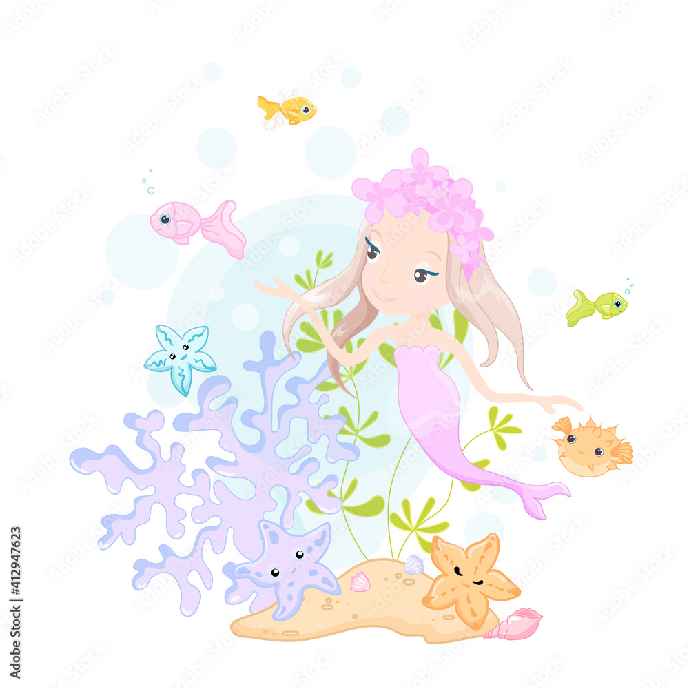 Cute little beautiful cartoon mermaid and star fishes vector colorful clip art on white background Cute little beautiful cartoon mermaid and star fishes vector colorful clip art on white background