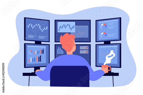 Broker working on stock market at workplace. Trader analyzing financial charts on multiple computer monitors. Vector illustration trading office, finance, analysis, investor job concept