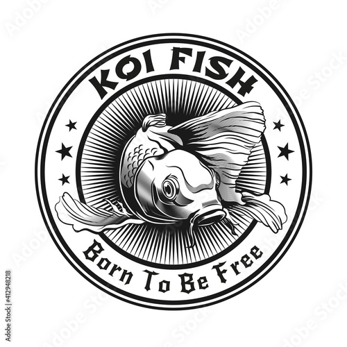 Koi carp stamp design. Monochrome element with fish in circle vector illustration with text. Asian wildlife or animal concept for symbols and labels templates