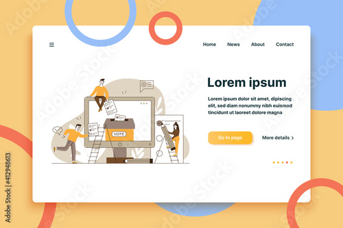 Internet or electronic voting. Man and woman filling up forms and throwing into ballot box flat vector illustration. Election campaign concept for banner, website design or landing web page