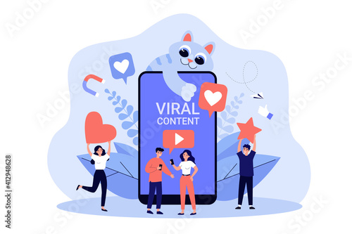 Social media users giving likes to viral video content with cute cat. Tiny bloggers with internet symbols and smartphone screen. Vector illustration for blogging, digital marketing, smm concept