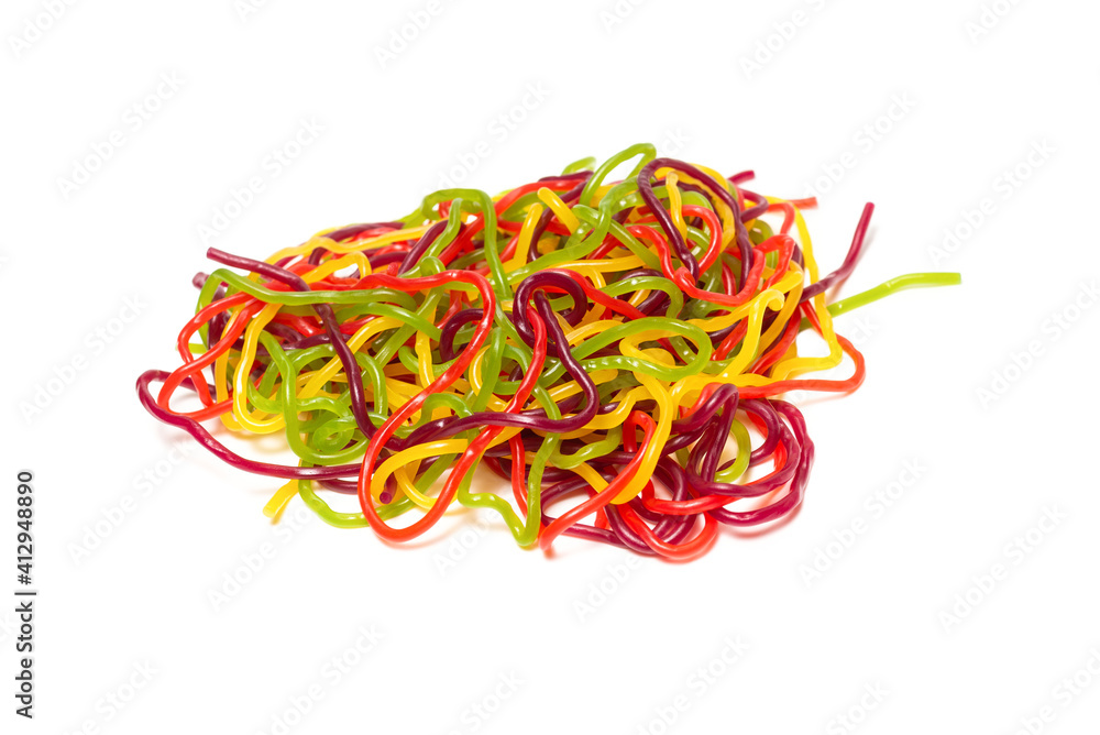 Tasty jelly spaghetti isolated on white background. Candy stripes. Tasty jelly spaghetti isolated on white background. Candy stripes.