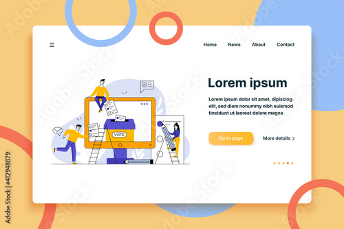 Internet or electronic voting. Man and woman filling up forms and throwing into ballot box flat vector illustration. Election campaign concept for banner, website design or landing web page