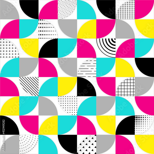 3D bauhaus geometric seamless pattern. Fashion color wallpaper. Abstract сolored background. Repeated modern geometric style. Repeating circle shapes. Swatch graphics elements. Design print. Vector