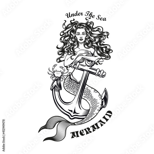Mermaid with anchor tattoo design. Monochrome element with girl with fishtail vector illustration with text. Sea or sailing concept for symbols and labels templates