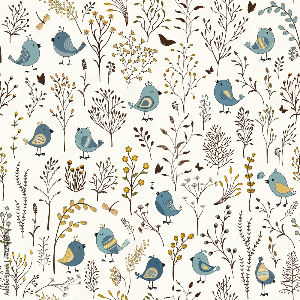  Floral seamless pattern with cute cartoon birds