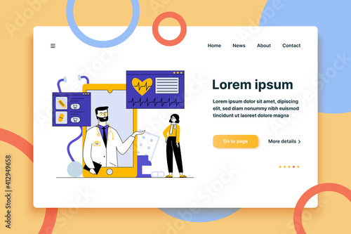 Medical support and treatment via smartphone. Online mobile medicine vector illustration. Online doctor consultation, assistance and pharmaceutics app concept for banner, or landing web page