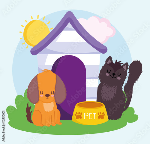 cute dog and cat with wooden house food pets