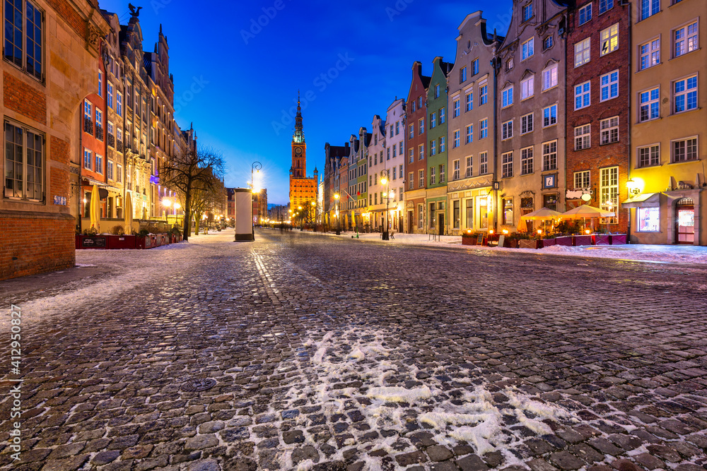 Beautiful old town in Gdansk at winter dusk, Poland
