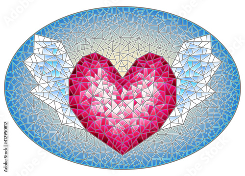 Illustration in stained glass style with an abstract pink heart with wings on a blue background, oval image