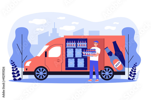 Happy deliveryman delivering beer, carrying crate from branded truck with drinks, bottles and kegs. Vector illustration for courier job, alcohol industry, advertising, brewery concept
