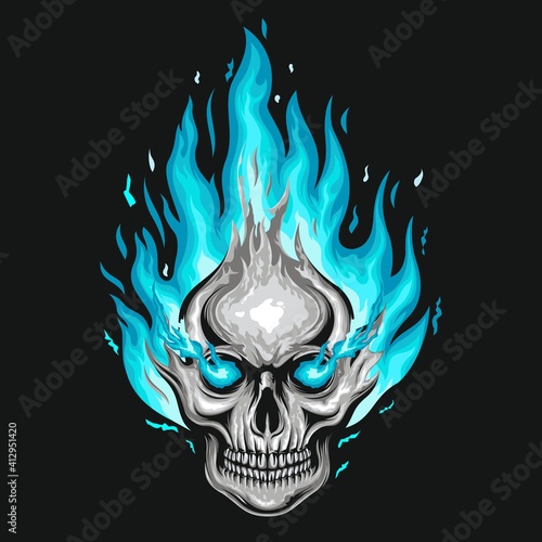 Blue fire skull illustration logo design