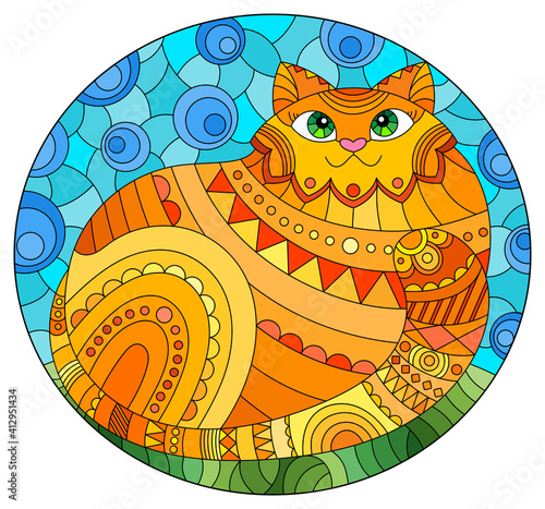 Illustration in stained glass style with abstract cute red cat on a blue background, oval image