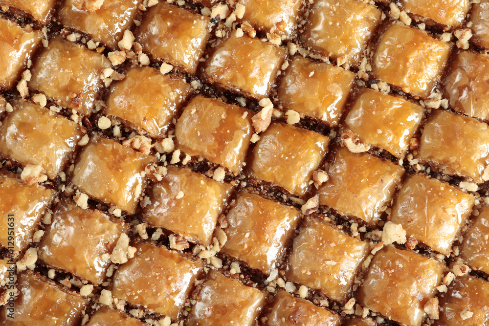 Traditional Turkish dessert Baklava. With walnuts and pistachios.
