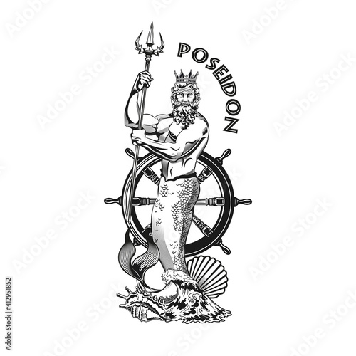 Poseidon tattoo design. Monochrome element with god of sea, waves, rudder vector illustration with text. Sailing or Greek mythology concept for symbols and labels templates