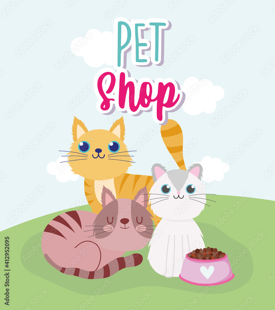 pet shop cute cats and bowl with food cartoon pet shop cute cats and bowl with food cartoon