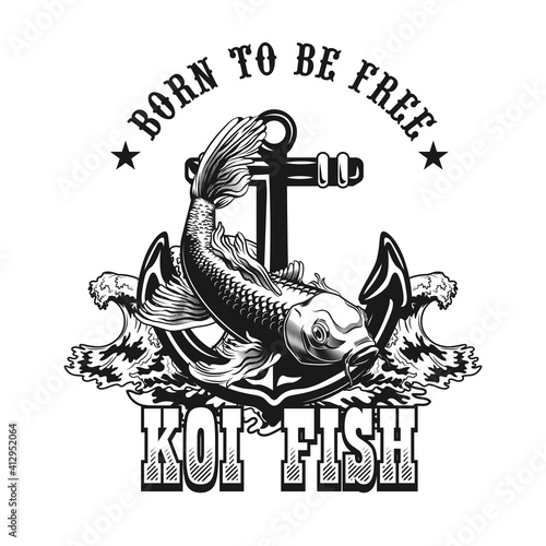 Koi carp and anchor emblem design. Monochrome element with fish and ocean wave vector illustration with text. Sea wildlife or sailing concept for symbols and labels templates