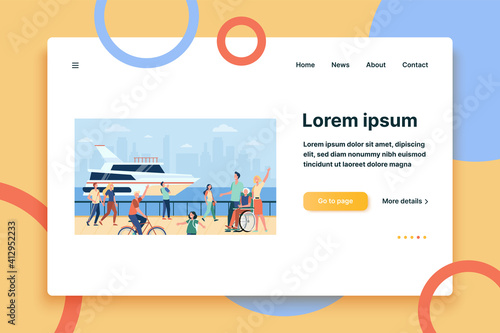 People enjoying vacation and walking by sea or river, waving hello at boat. Flat vector illustration for tourists, seaside, quay, leisure time in summer concept