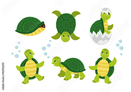 Funny cartoon characters of turtles in various poses. Cartoon smiling animal character dancing  walking and having fun isolated vector illustration collection.
